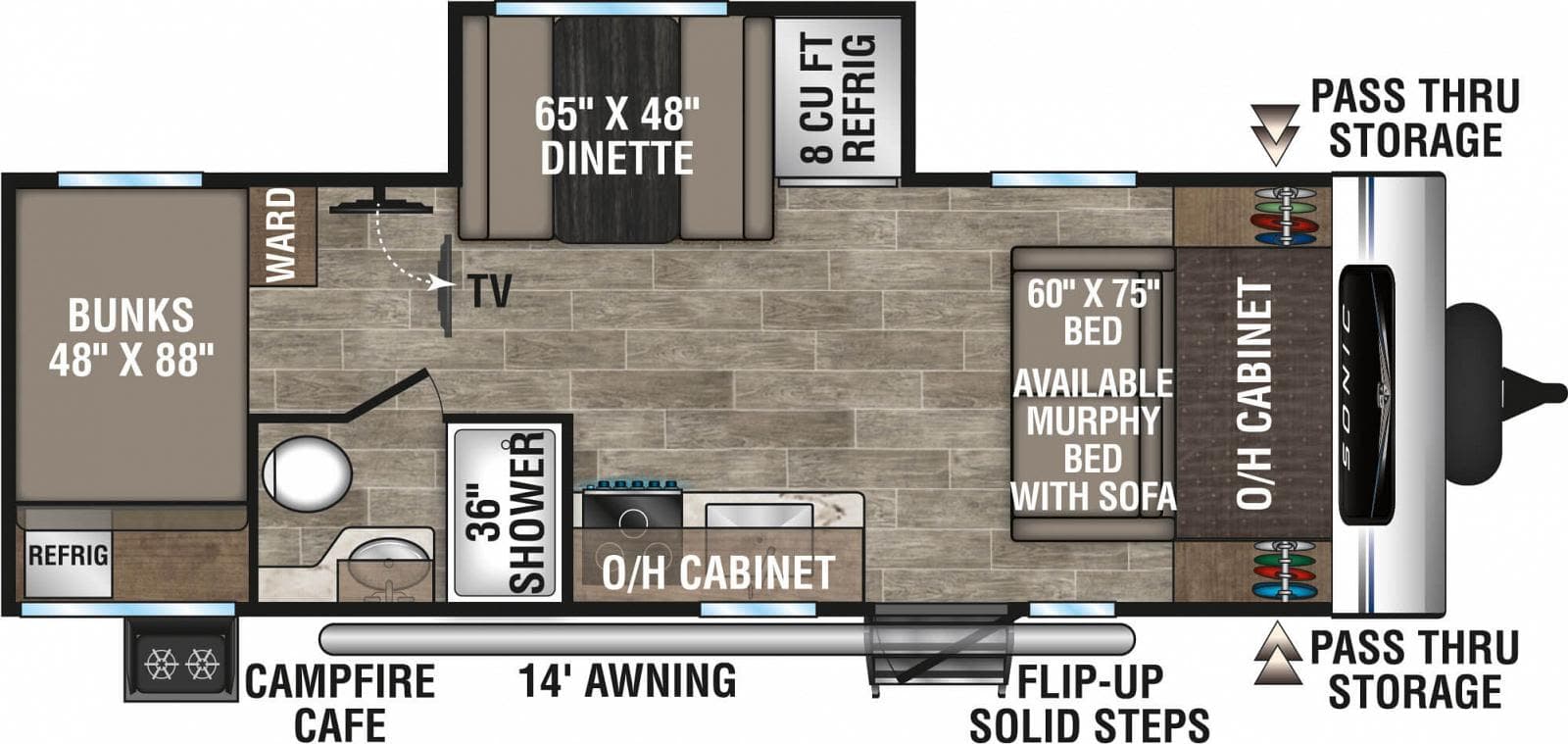 **RV rental floor plan** showcasing bunks, dinette, kitchen, and a flexible Murphy bed with sofa layout for comfortable travel.