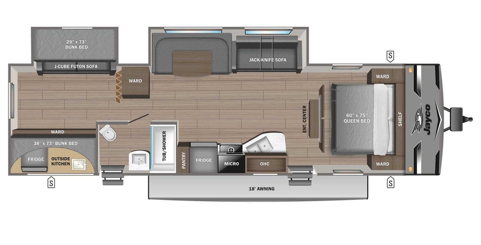 RV rental: Detailed Jayco travel trailer floor plan. Features queen bed, bunk beds, kitchen, bath, and living area with sofas.