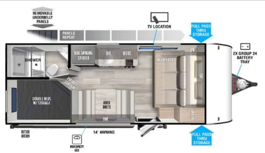 Detailed RV rental floor plan of a travel trailer, featuring beds, kitchen, bathroom, dinette, and ample storage options.