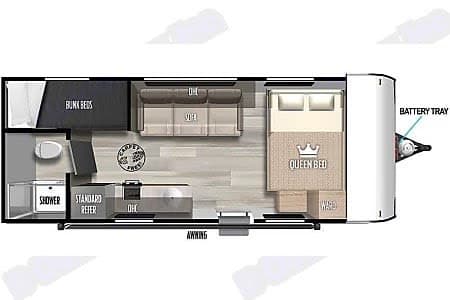 RV rental floor plan overview: queen bed, bunk beds, kitchen, bath, sofa, awning, and battery tray location for accessible viewing.