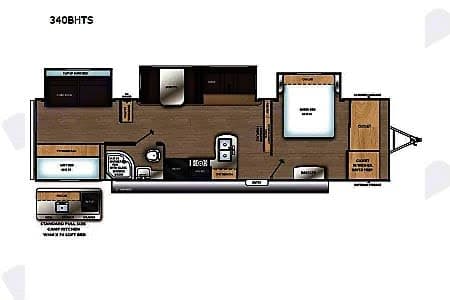 RV rental floor plan: 340BHTS travel trailer with queen bed, bunkhouse, dinette, sofa, and outdoor kitchen.