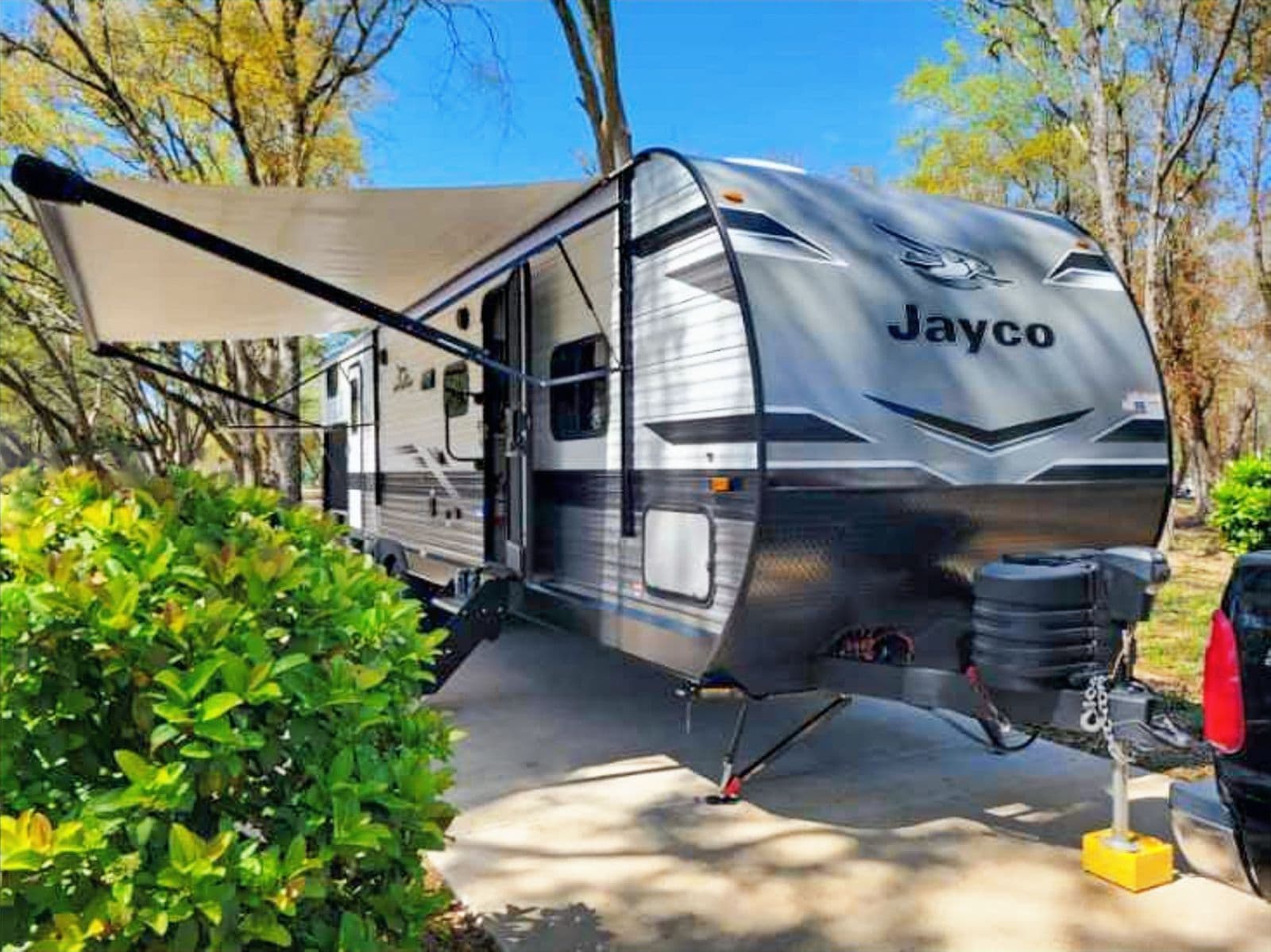 A travel trailer set up at a campsite on the Alabama Gulf Coast